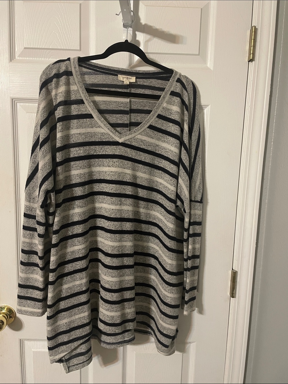 Umgee Gray and Black Striped V-Neck Knit Top